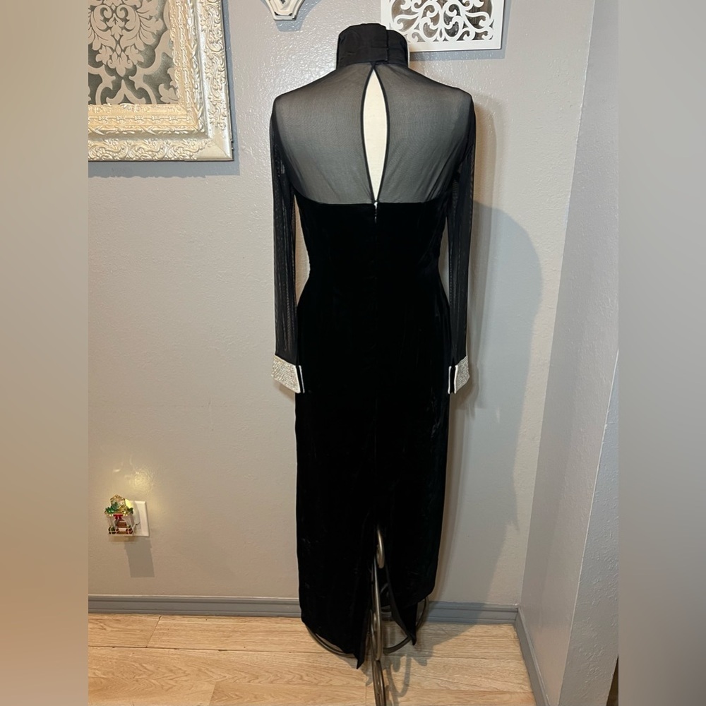 Michael Casey Black Velvet Dress with Sheer Sleeves and Crystals - Picture 10 of 15